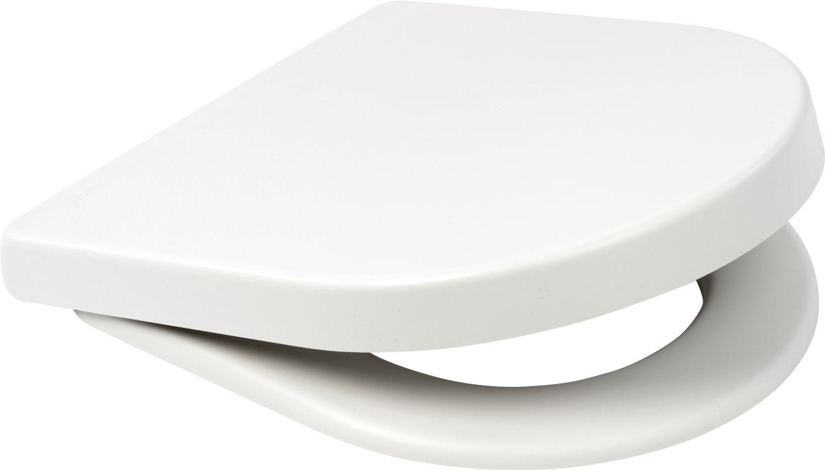 Asiento de inodoro Plieger Nola Kansas - Asiento de inodoro en forma de D - Duroplast - blanco mate - con tapa - cierre suave - montaje de acero inoxidable