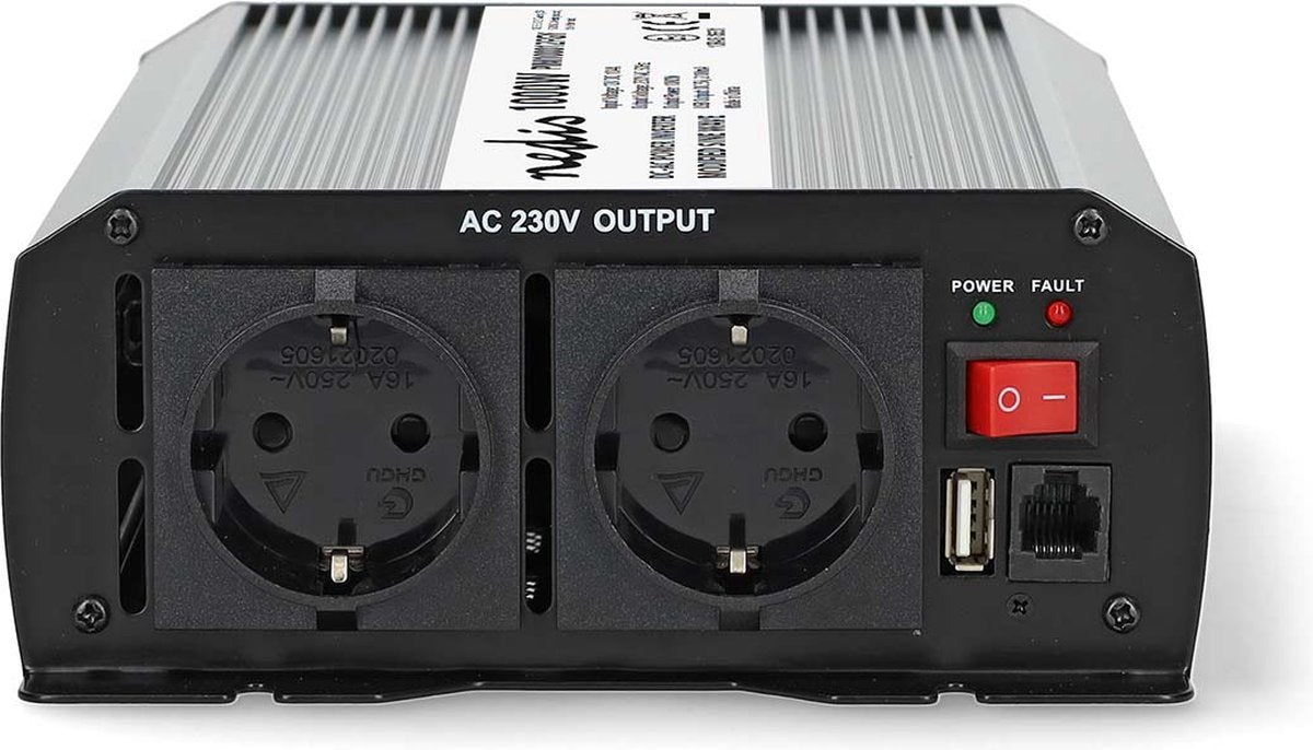 Inversor de coche Nedis 1000w – 12v 230v – 2x enchufe 1x puerto de carga USB – onda sinusoidal modificada – convertidor de voltaje