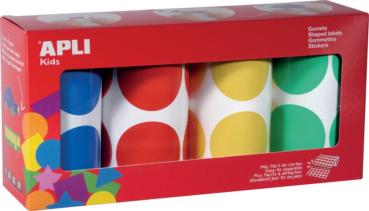 Apli kids stickers xl cirkels | diameter 45 mm | doos met 4 rollen in 4 kleuren