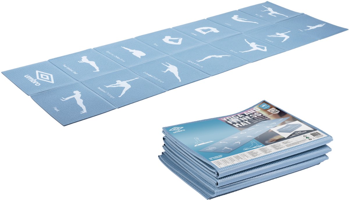 Umbro opvouwbare yogamat - 174 x 62 cm - anti-slip - 0.5 cm dik - 13 oefeningen in print - blauw