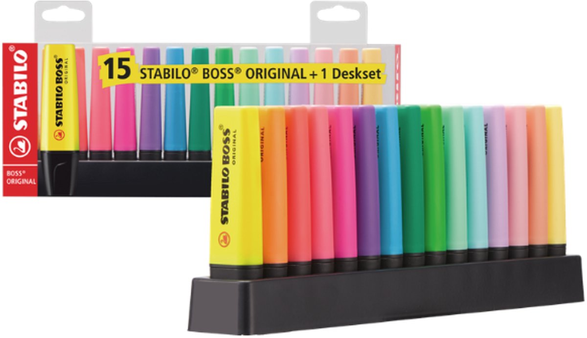 Stabilo boss original – evidenziatore – set da scrivania da 15 pezzi – 9 colori standard + 6 pastello