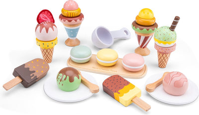Woet ® giocattoli per gelato in legno - set da gioco colorato da 25 pezzi con gelati, coni, paletta per gelato e piatti - cibo giocattolo - gioco di ruolo bancarella dei gelati giocattolo da cucina - da 3 anni