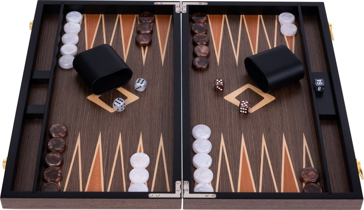 Longfield backgammon 15 inch - walnoot fineer ingelegd bord - luxe houten koffer - engelhart