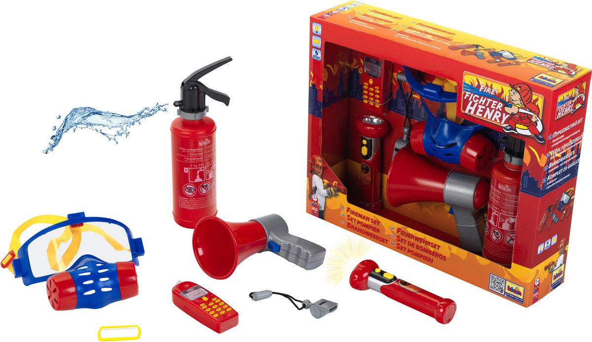 Klein Toys Juego de bomberos de 7 piezas: extintor, linterna, megáfono, máscara antigás, teléfono móvil de juguete, silbato y etiqueta con el nombre, incl. efectos de luz y sonido - rojo azul