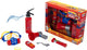 Klein Toys Juego de bomberos de 7 piezas: extintor, linterna, megáfono, máscara antigás, teléfono móvil de juguete, silbato y etiqueta con el nombre, incl. efectos de luz y sonido - rojo azul
