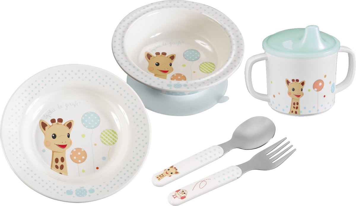 Sophie de giraf maaltijdset - kinder servies - kinderbord - drinkbeker - kom - kinder bestek - vaatwasser bestendig - vanaf 6 maanden - 5-delig - beige blauw