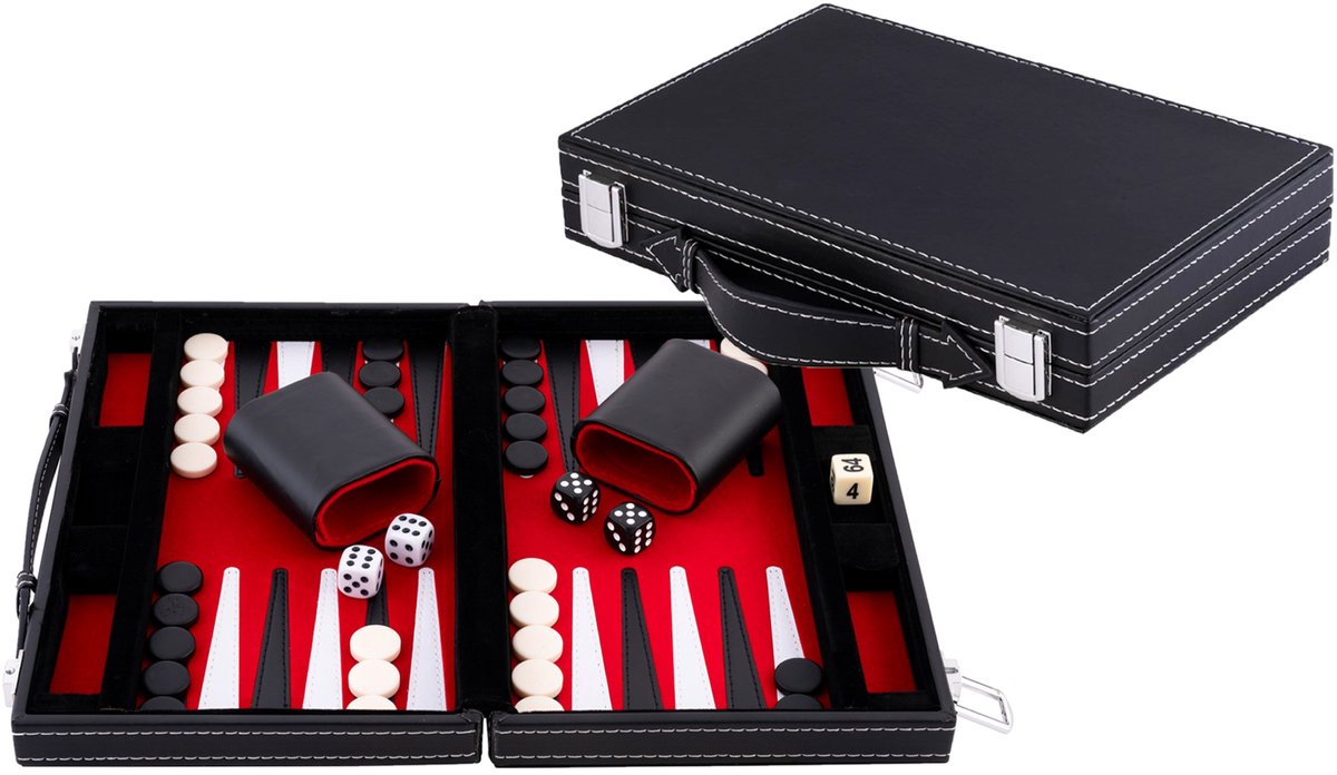 Backgammon Longfield de 11 pulgadas - tablero cosido en rojo, negro y blanco - estuche de cuero artificial con asa - corazón de ángel