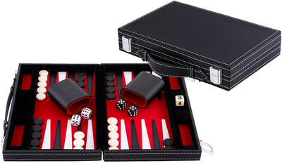Longfield backgammon 11 inch - rood, zwart wit gestikt bord - kunstlederen koffer met handvat - engelhart
