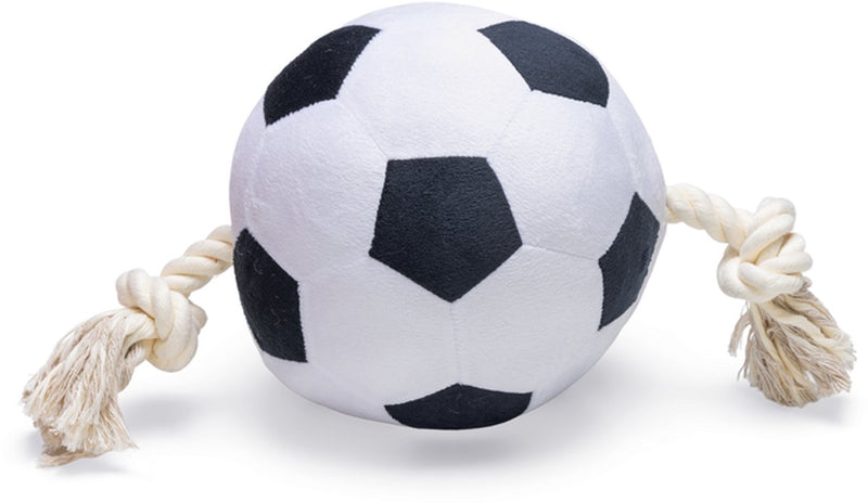 Beeztees voetbal met touw - hondenspeelgoed - pluche - zwart wit - 36x19x19cm