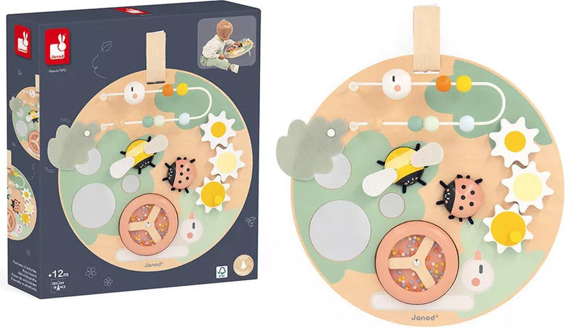 Janod Sweet Cocoon - Tabla de actividades - Esta tabla de madera se compone de varios animales de jardín con funciones divertidas y un total de 7 actividades - Apto a partir de 1 año