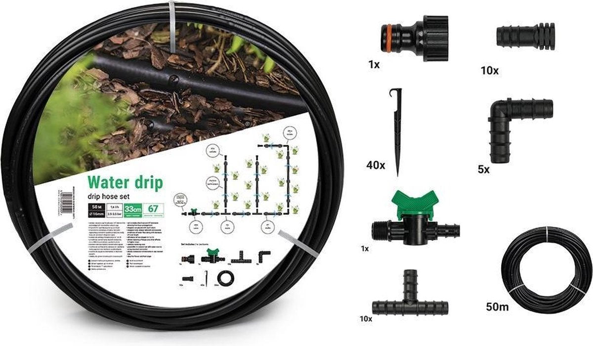 Bradas water drip druppelslang set – 50 m – 33 cm – 1,6 l u – complete druppelsysteem