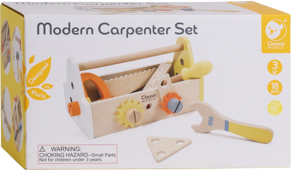 Classic World World Wooden Timmermanset con Toolbox, 18dlg.