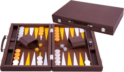 Longfield backgammon 15 inch - bruin, geel wit ingelegd bord - luxe bruine koffer met handvat - engelhart