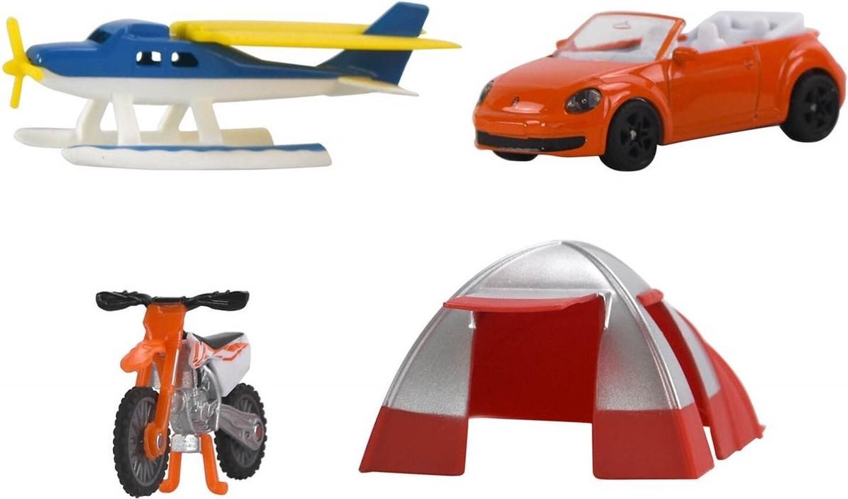 Set per il tempo libero Siku 6325, composto da decappottabile, moto da cross, idrovolante e tenda, materiale: metallo plastica
