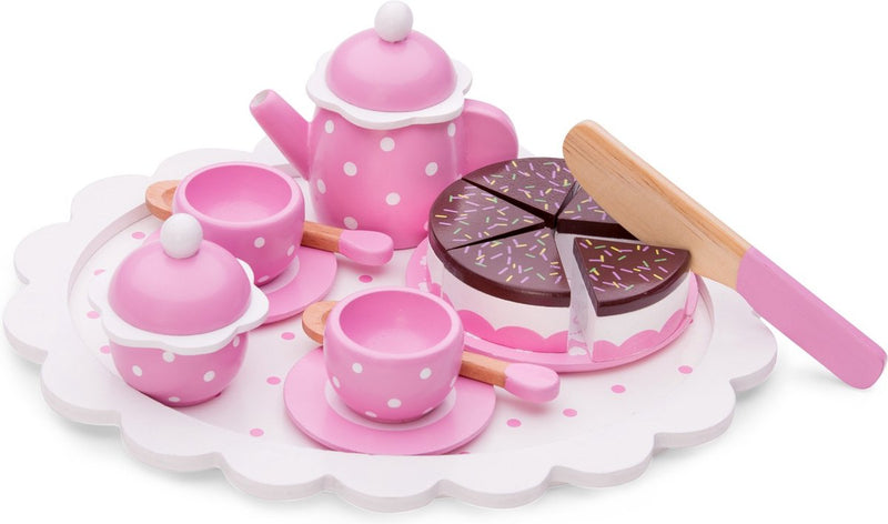 New Classic Toys ® set da tè in legno rosa - set da tè da 18 pezzi con vassoio, teiera, tazze e torta - FSC - giocattoli da tavola per giochi di ruolo - da 24 mesi