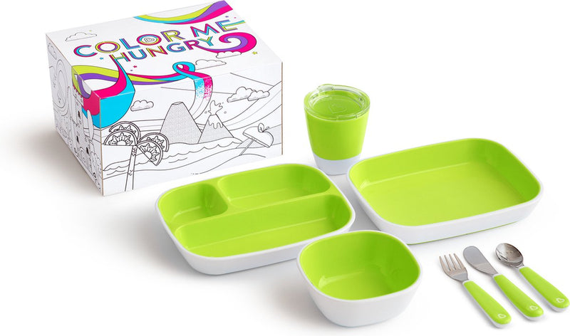 Vajilla infantil Munchkin - Splash Colorme Hunger Set - Set de regalo para niños - Juego de comedor de 7 piezas - Platos, cuencos, cucharas y tenedores - Regalo de maternidad - Verde