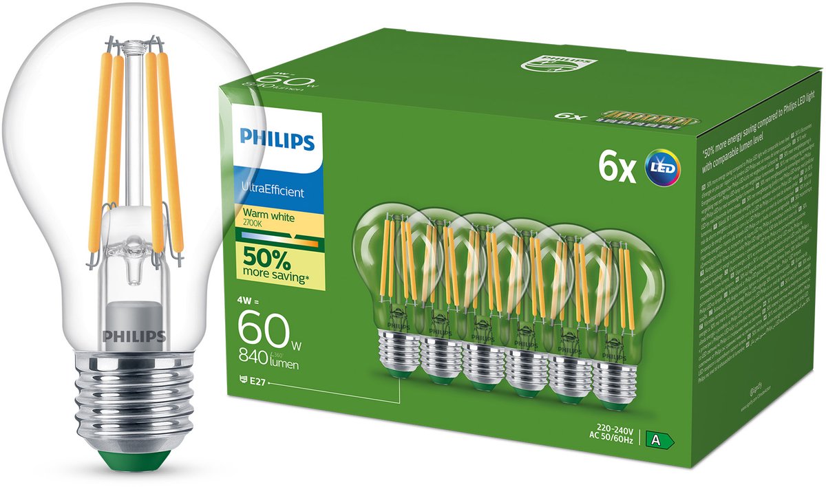 Philips led philips ultraefficient led lamp transparant - 60w - e27 fitting - warmwit licht; 2700k - ultra efficiënt: energielabel a - 6-pack