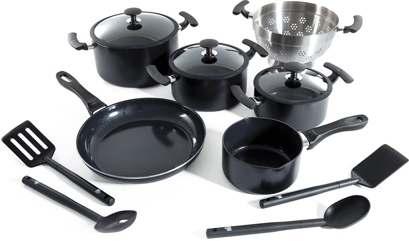 Juego de sartenes antiadherentes de cerámica Bk vivid 13 piezas - ø16-28cm - sartén - sartén para saltear - sin pfas - juego de sartenes para inducción - apto para horno hasta 160°c - apto para lavavajillas - calentamiento rápido - mangos fríos - negro