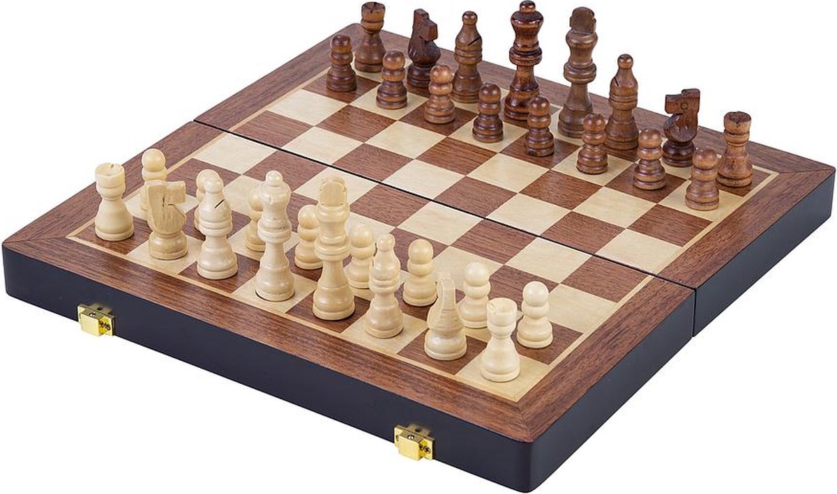 Engelhart schaakspel deluxe inklapbaar – houten schaakset van essenhout – luxe bruin schaakbord 45.5 x 45.5 x 6.8 cm – opklapbaar compact –