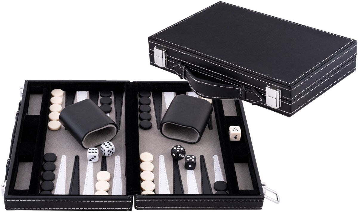 Longfield backgammon 11 inch - grijs, zwart wit gestikt bord - kunstlederen koffer met handvat - engelhart