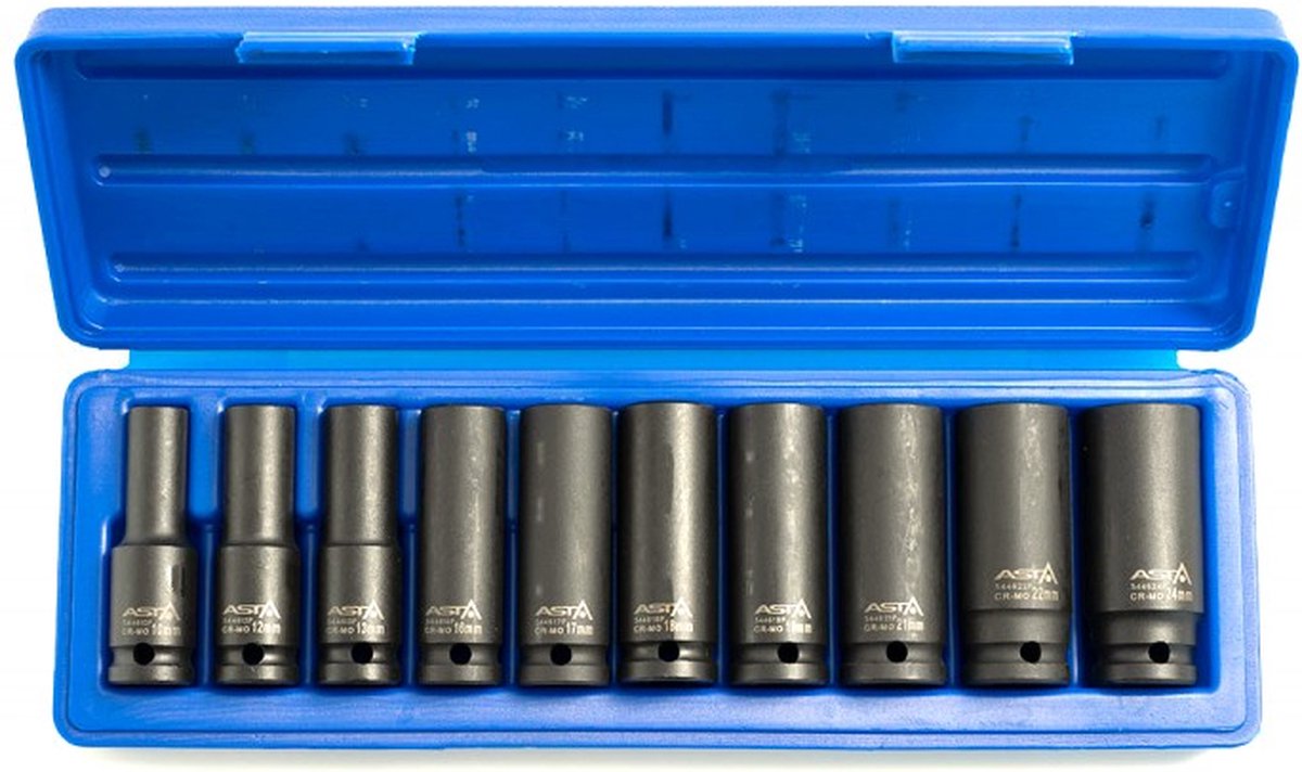 Asta satra lange krachtdoppenset - 10-delig - 1 2 aansluiting - 10 tot 24 mm - slagdoppen - doppenset - asta
