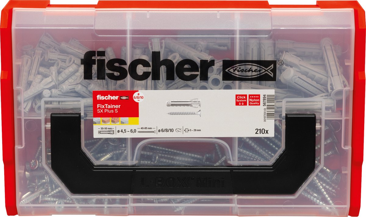 Fischer fixtainer – plug sx plus 6, 8 en 10 met schroeven | 210 stuks in praktische opbergbox