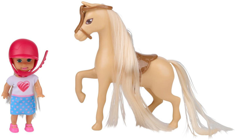 Eddy Toys muñeca de moda mini 9 cm con caballo - juego de muñecas de moda con casco y silla de montar - caballo con melena larga - juego de juego para niños - caja con ventana