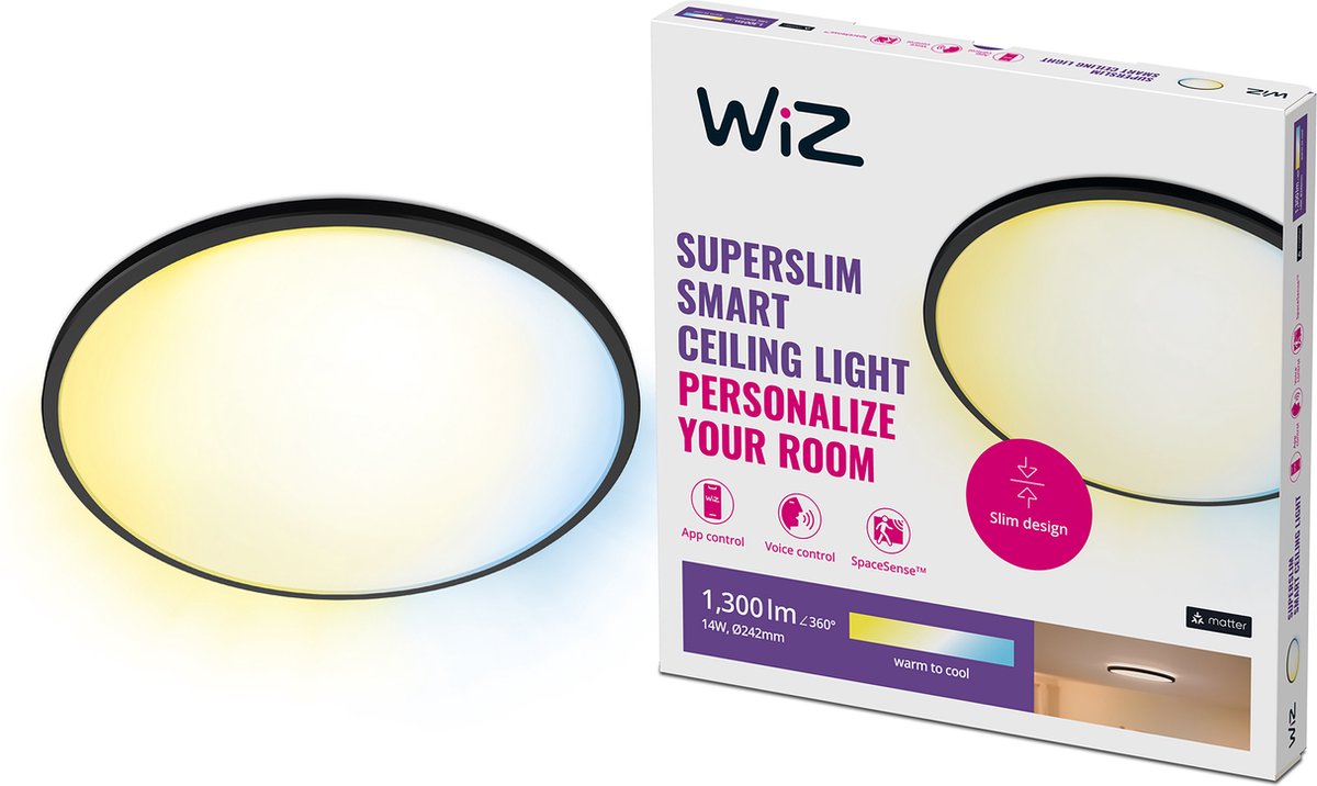 Lampada da soffitto Wiz super slim - diametro: 25 cm - luce bianca da calda a fredda - illuminazione LED intelligente - LED integrato - 14w - nero - wi-fi
