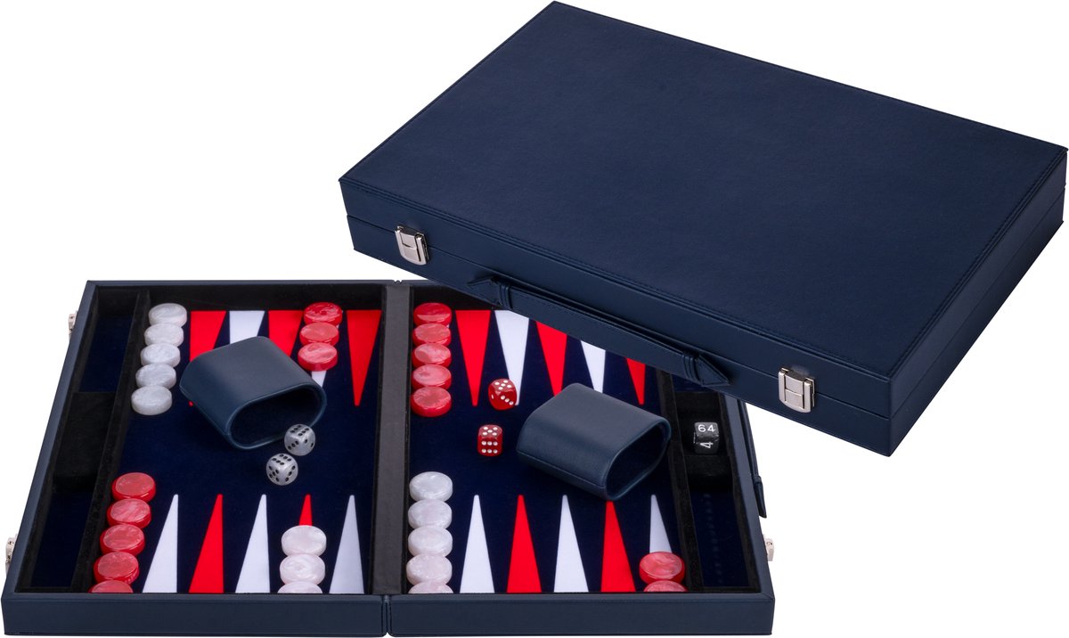 Longfield backgammon 15 inch - rood wit ingelegd bord - luxe kunstlederen koffer - inclusief stenen, dobbelstenen werpbeker - engelhart