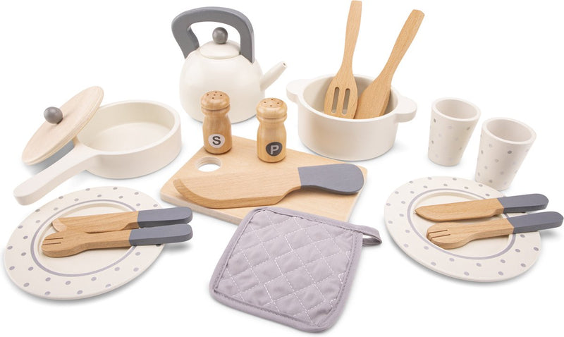 Woet ® Juego de vajilla y sartenes de madera para niños - Juego de 20 piezas con sartenes, vajilla y cubiertos - Accesorios de cocina de juguete para niños - Juguetes de cocina para juegos de rol - A partir de 2 años