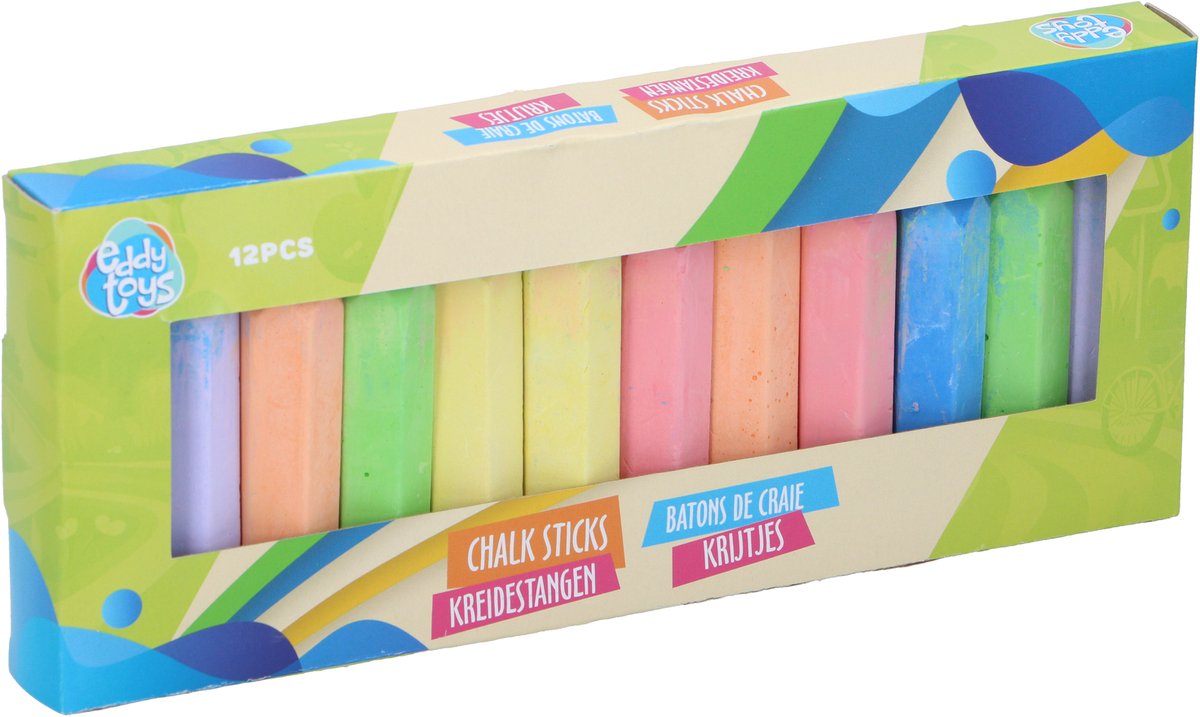 Pastelli Eddy Toys 12 pezzi - bastoncini di gesso da marciapiede per disegnare all'esterno - bastoncini di gesso per marciapiede e parco giochi - set di gessetti per bambini - dai 2 anni