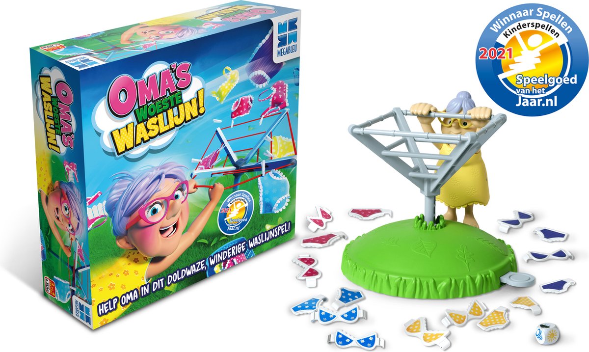 Megableu oma's woeste waslijn - grappig actiespel voor kinderen - vanaf 4 jaar - 2-4 spelers - kinderspel met draaiende waslijn