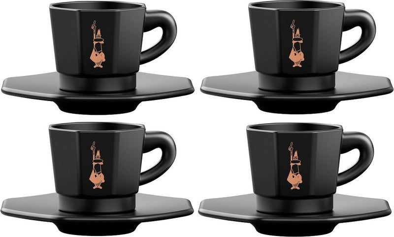 Juego de tazas de espresso octogonales Bialetti - 4 tazas con platillos - 75 ml - porcelana negra mate con detalles dorados