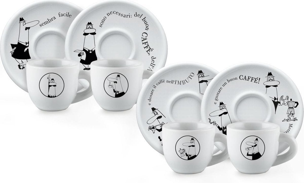 Bialetti tazze caffè con piattino – set da 4 – porcellana – bianca – design originale italiano
