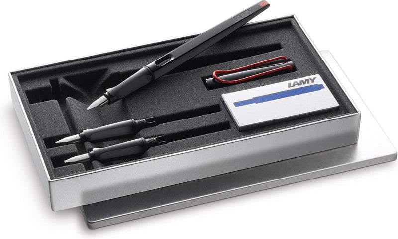 Juego de pluma estilográfica de caligrafía Lamy Joy Black - Hermosos bolígrafos de escritura con 3 puntas diferentes (1,1, 1,5, 1,9 mm) - Pluma estilográfica con punta de succión y mango ergonómico - Incluye 5 patrones de color t 10 azul