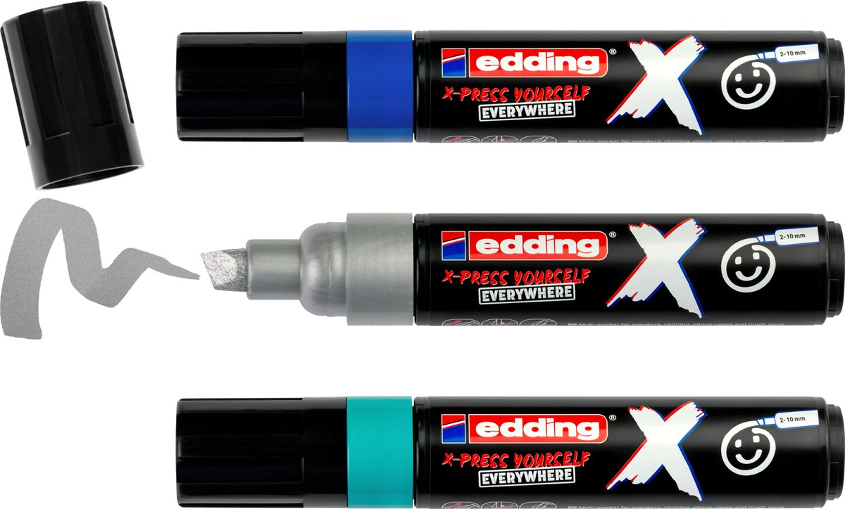 Edding 6900 x multimarker - set of 3 blue, turquoise, silver - suitable for all surfaces - chisel point 2-10 mm - vegan ink - made from recycled plastic - locally produced in Germany