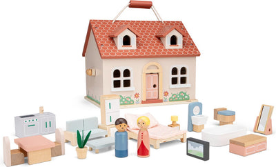 Casa delle bambole portatile in legno Woet ® - completa di 18 mobili e 2 bambole - casetta rosa pastello per bambini - FSC - giocattoli di ruolo - da 3 anni