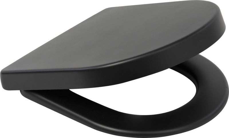 Asiento de inodoro Plieger Nola Kansas - Asiento de inodoro en forma de D - Duroplast - negro mate - con tapa - cierre suave - montaje de acero inoxidable