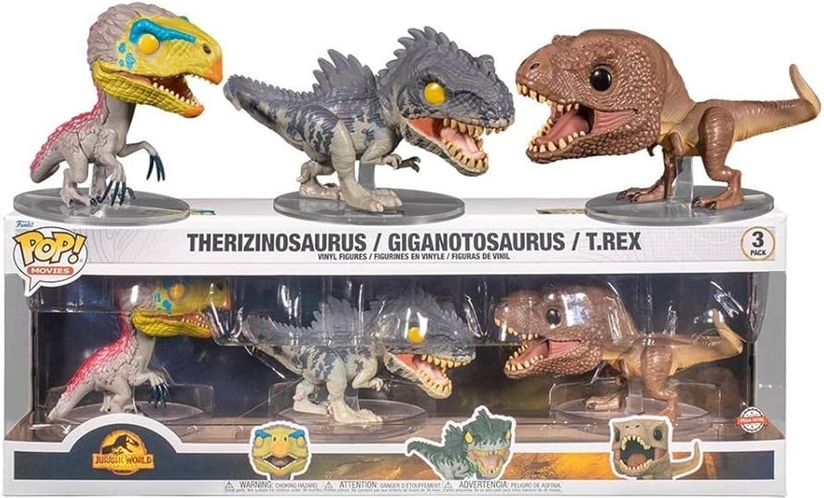 ¡Funko pop! Jurassic World: Dominion - Therizinosaurus Giganotosaurus T-Rex exclusivo paquete de 3