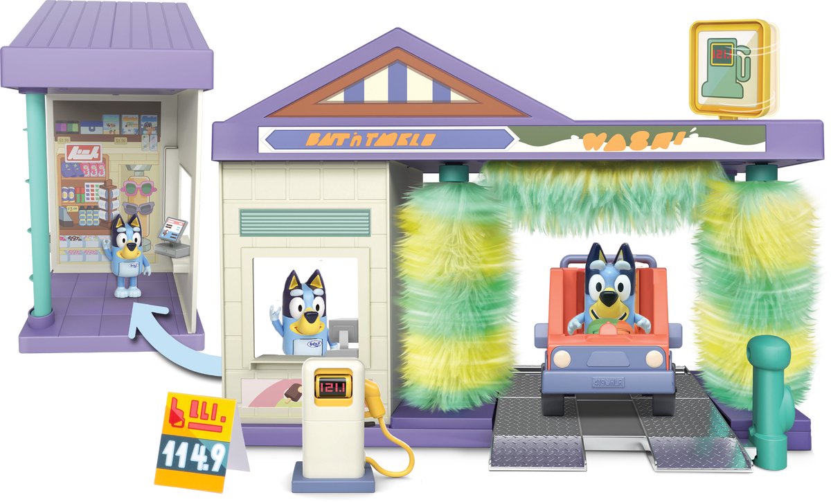 Moose Toys Bluey - Set da gioco per l'autolavaggio di Bluey - incl. personaggio blu, macchina, pompa di benzina e negozio