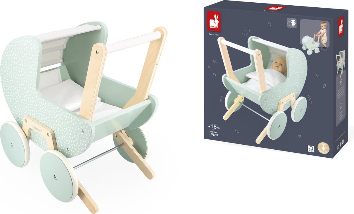 Janod - zen - cochecito de muñecas - cochecito de muñecas de madera para muñecas de hasta 42 cm