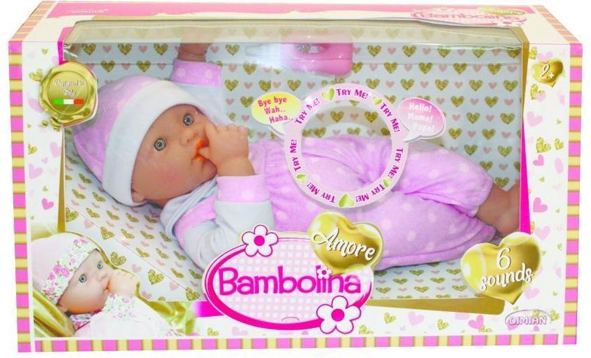 Muñeco Dimian con biberón y sonidos de bebé - amore - 36 cm.