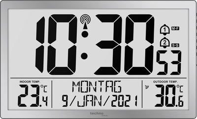 Technoline ws 8113 - orologio da parete - digitale - rettangolo - visualizzazione dell'ora radiocontrollata e manuale - 12 24 - datario - 7 lingue - temperatura interna ed esterna - 2 sveglie - snooze - plastica - numeri - color argento