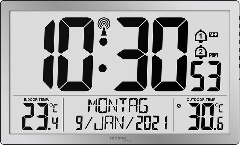 Technoline ws 8113 - orologio da parete - digitale - rettangolo - visualizzazione dell'ora radiocontrollata e manuale - 12 24 - datario - 7 lingue - temperatura interna ed esterna - 2 sveglie - snooze - plastica - numeri - color argento