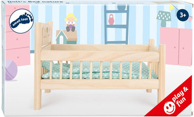 Letto per bambole in legno di piccoli piedi ovviamente con biancheria da letto, 4ldg.