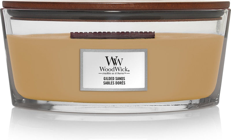 Candela profumata Woodwick Heartwick con fiamma ellittica - sabbia dorata - 50 ore di combustione
