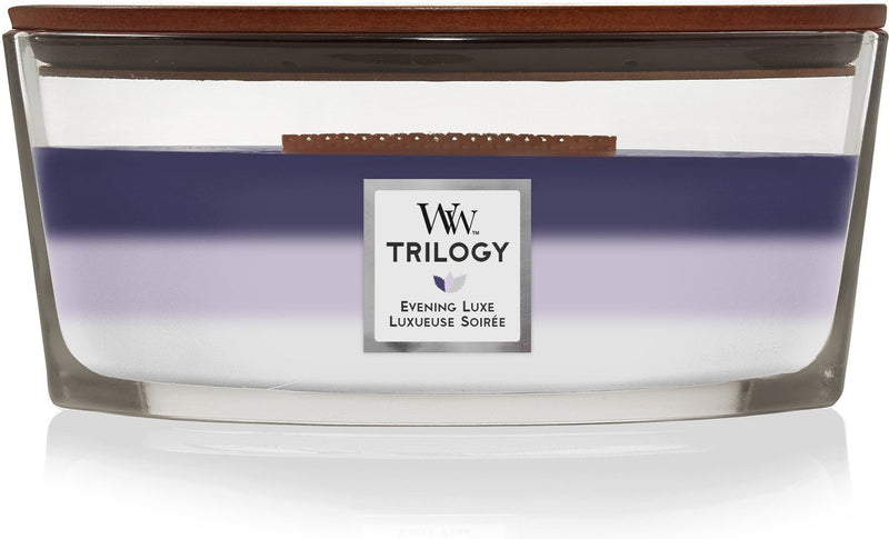 Candela profumata Woodwick Heartwick Flame Trilogy ellittica - lusso serale - 50 ore di combustione