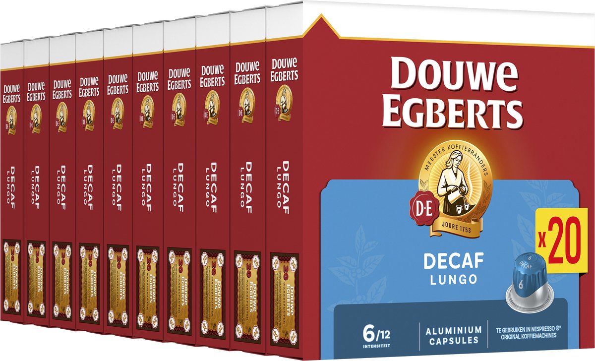 Douwe egberts lungo decaf koffiecups - intensiteit 6 12 - 10 x 20 capsules