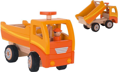 Goki wooden tilt truck orange with rotating wheels