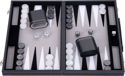 Backgammon Engelhart de 18 pulgadas - tablero con incrustaciones gris, blanco y negro - estuche negro de lujo con asa -